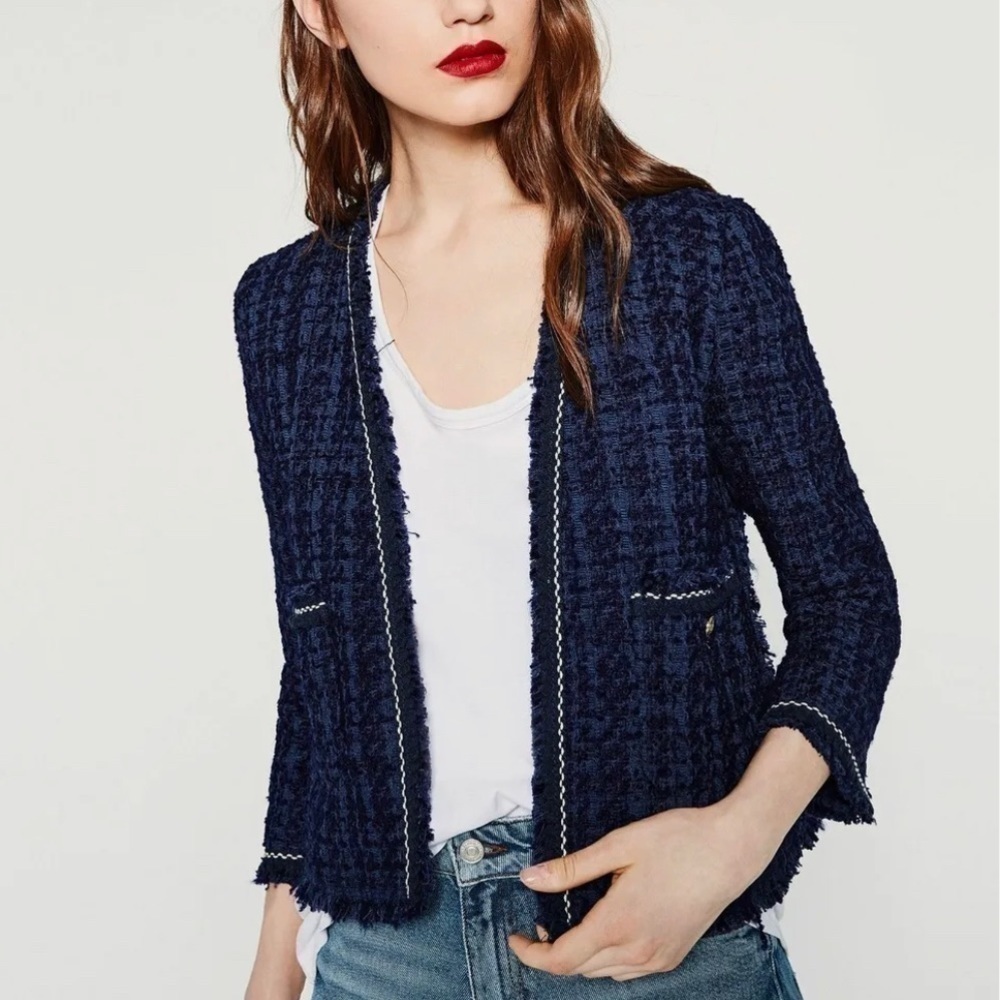Zara Navy Tweed Blazer with Gold Buttons Size S - Picture 2 of 8